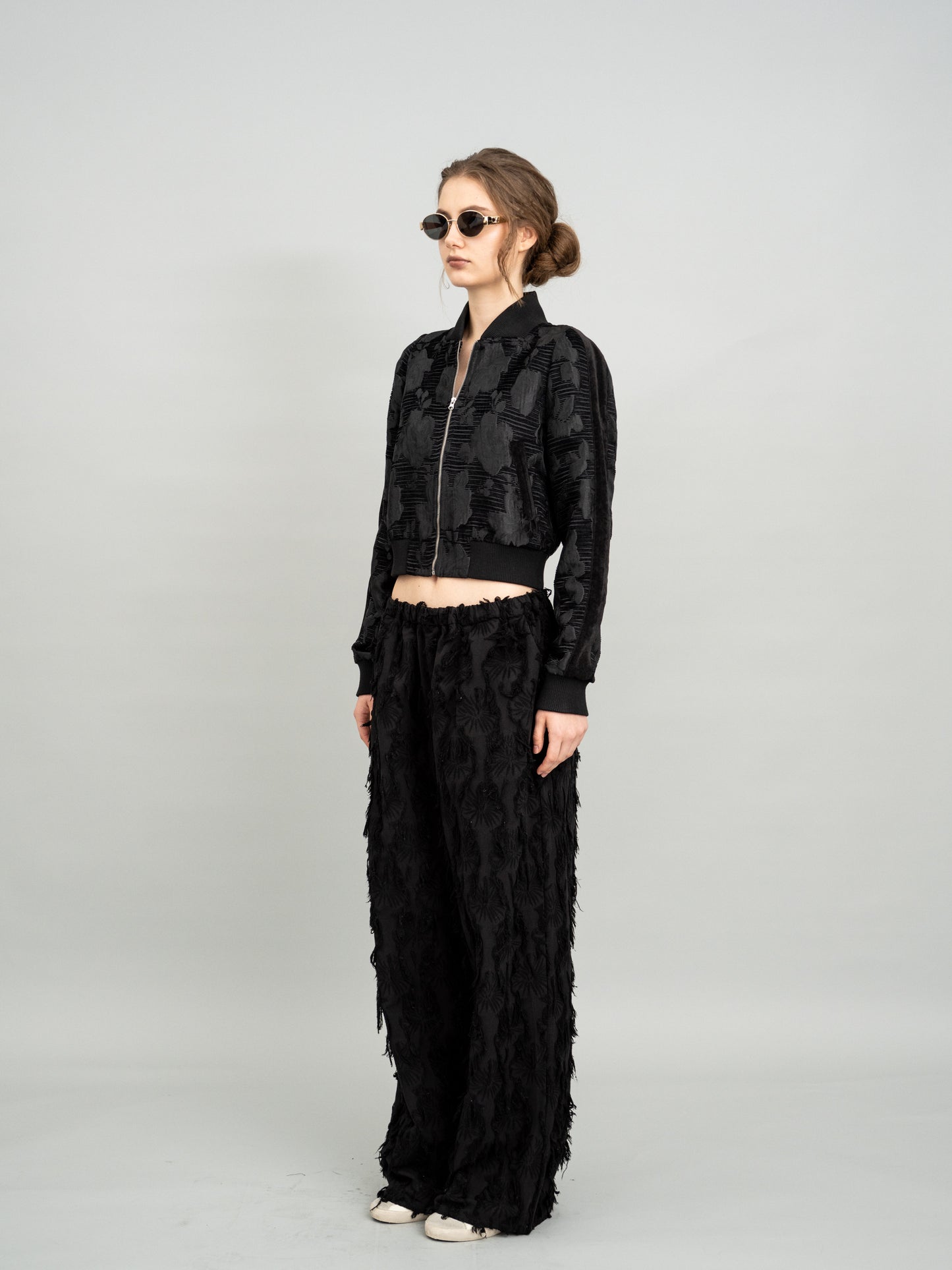 Velvet Embossed Floral Cropped Zip Jacket and Velvet Embossed Floral Wide-Leg Pants