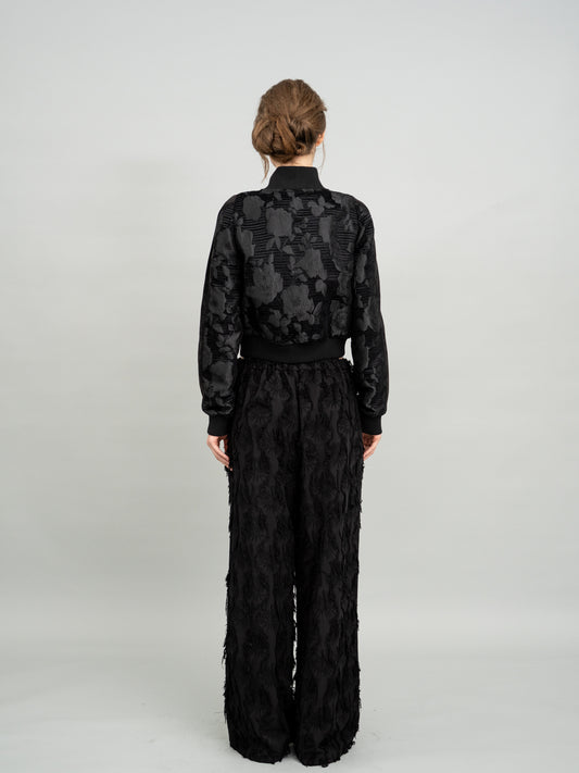 Velvet Embossed Floral Cropped Zip Jacket and Velvet Embossed Floral Wide-Leg Pants