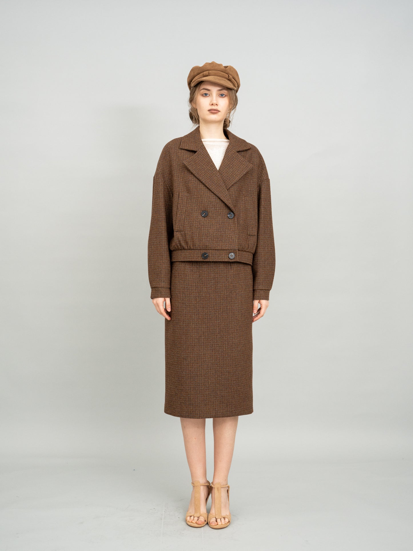 Caramel Checked Cropped Blazer and Caramel Checked Knit Midi Skirt