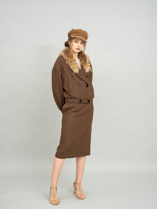 Caramel Checked Cropped Blazer and Caramel Checked Knit Midi Skirt