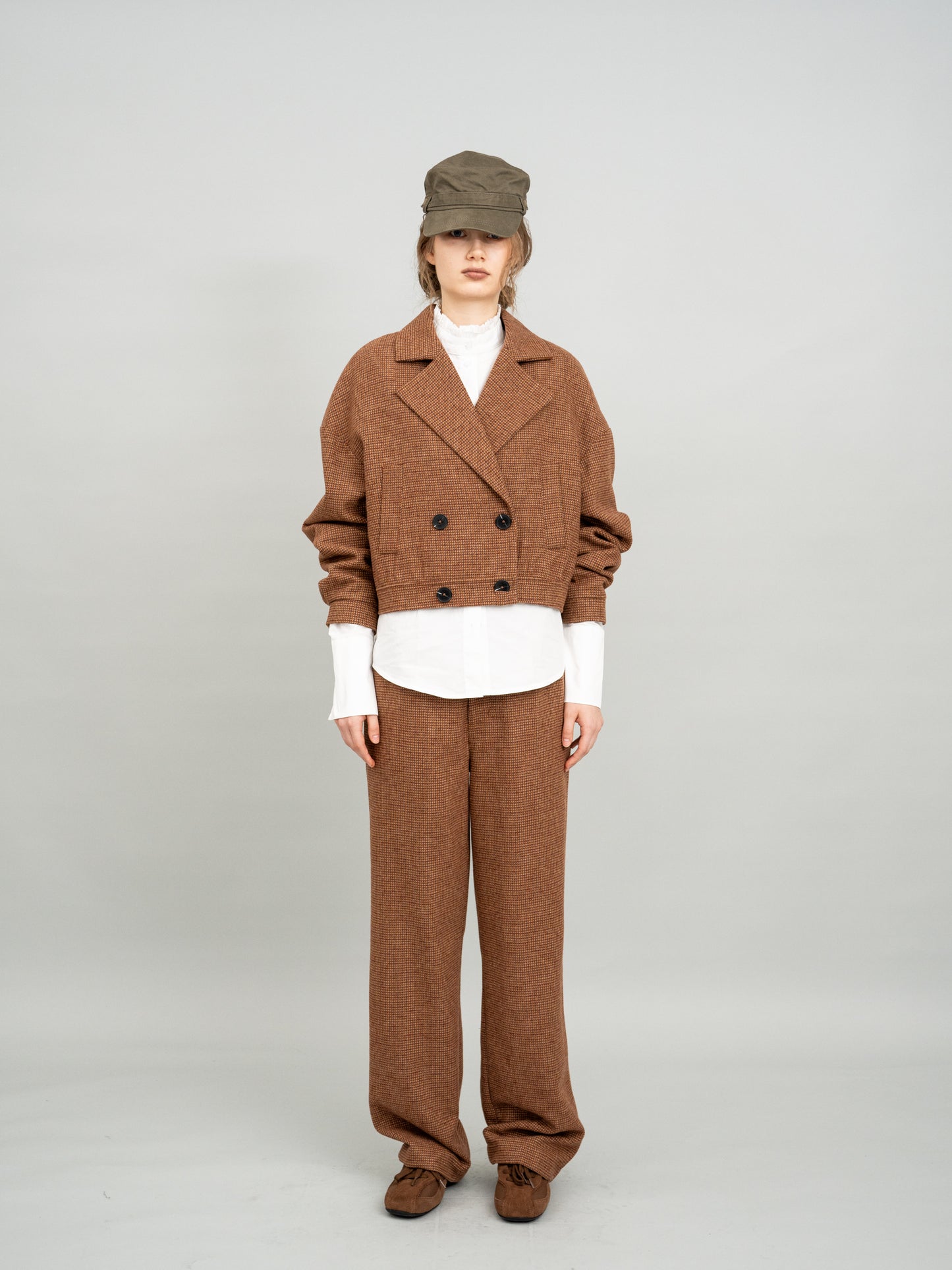 Retro Caramel Cropped Blazer and Caramel Checked Knit Midi Dress