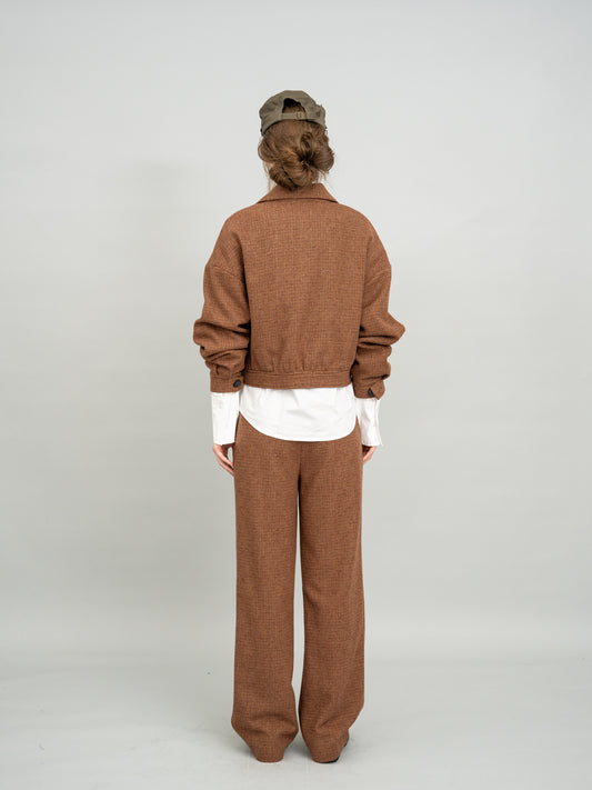 Caramel Checked Cropped Blazer and Caramel Checked Wide-leg Trousers