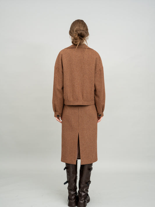 Retro Caramel Cropped Blazer and Caramel Checked Knit Midi Dress