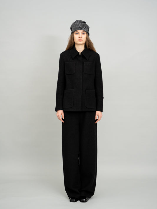 Minimalist Black Patch Pocket Wool Jacket