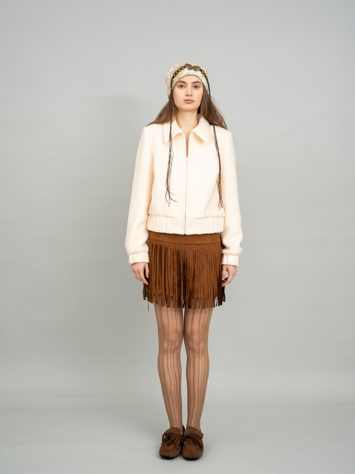 Ivory Zip-up Wool Cropped Jacket