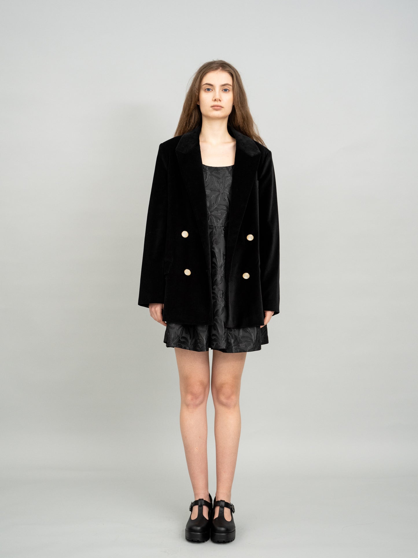 Minimal Velvet Gold Button Blazer