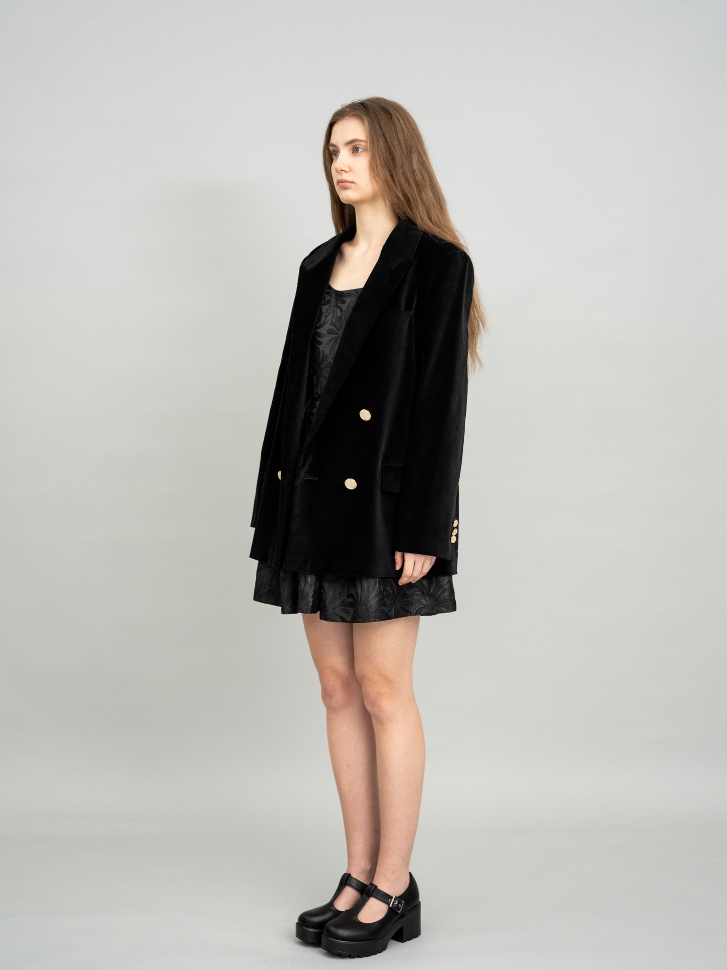 Minimal Velvet Gold Button Blazer