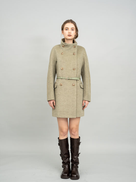 Pale Olive Double-Breasted High Collar Belted Coat