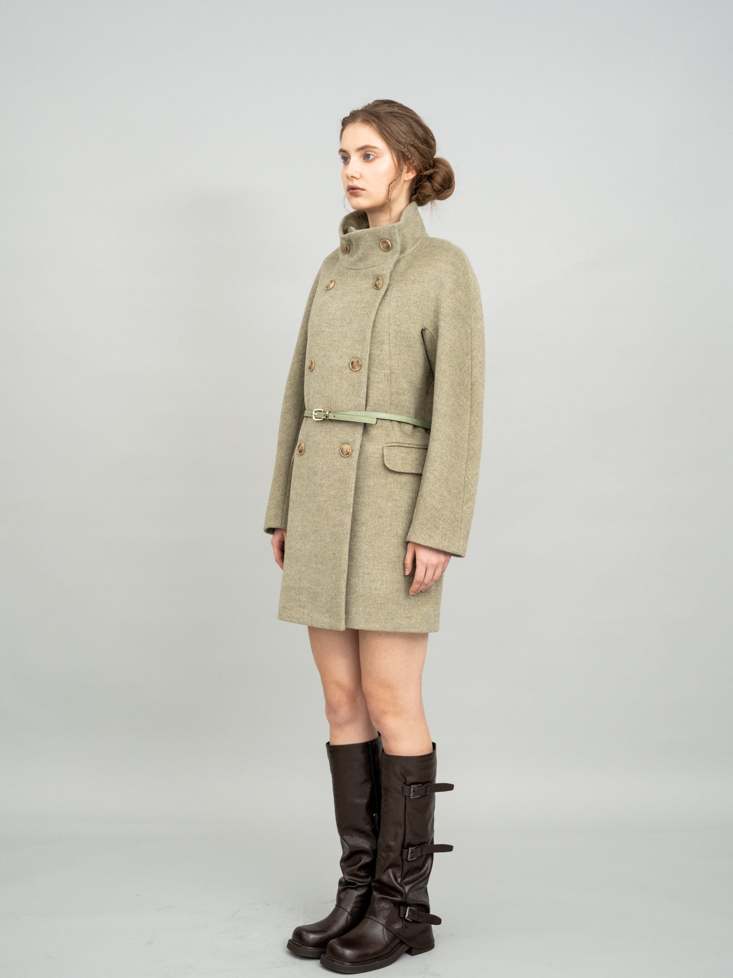 Pale Olive Double-Breasted High Collar Belted Coat