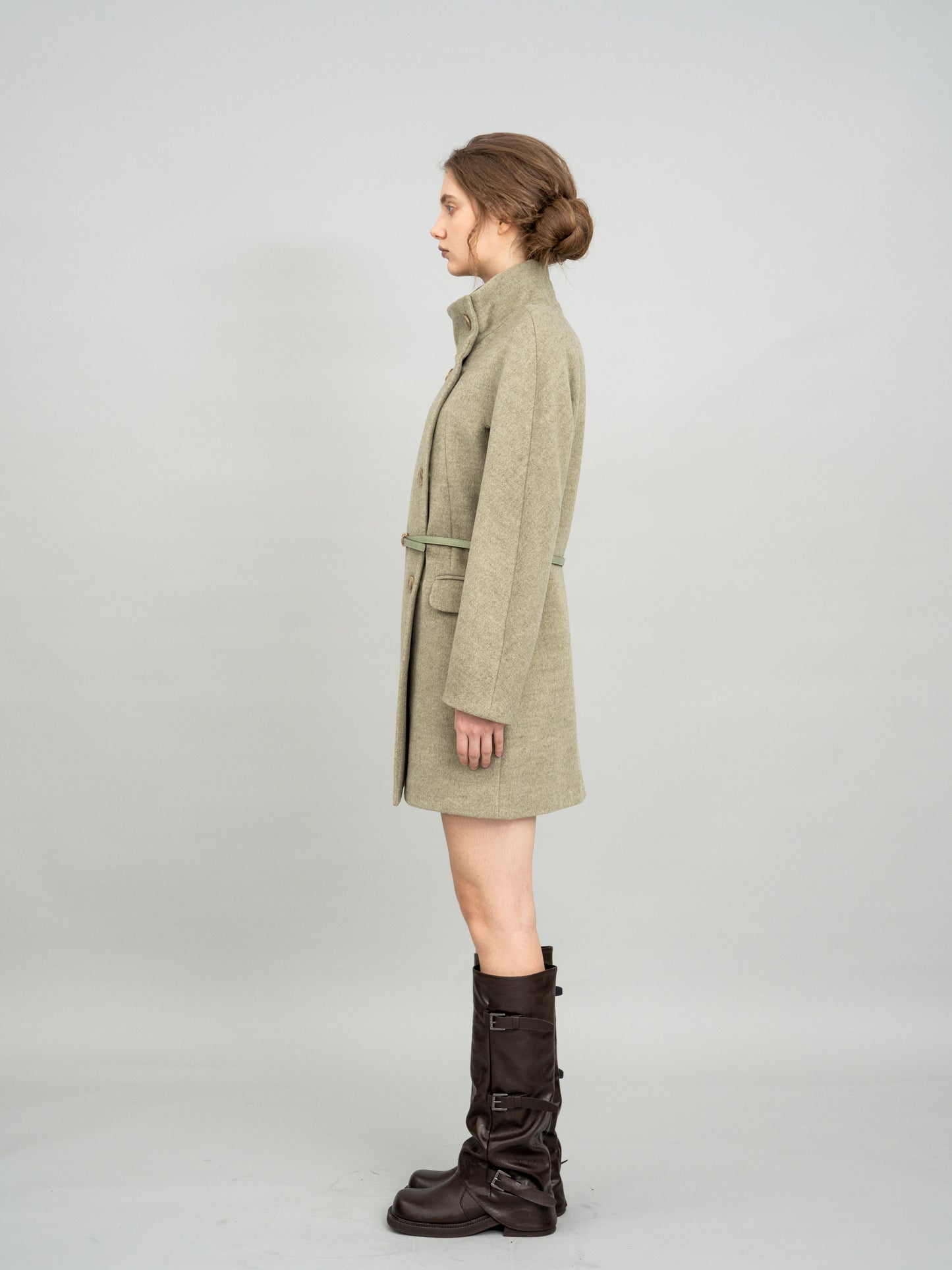 Pale Olive Double-Breasted High Collar Belted Coat