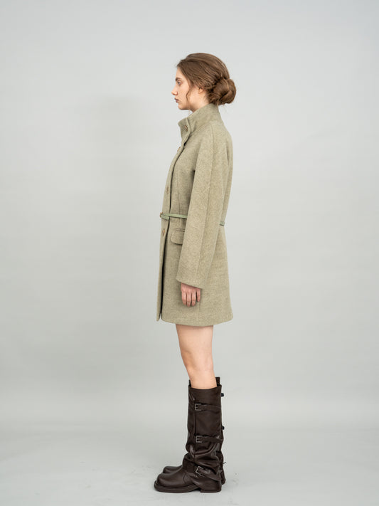 Pale Olive Double-Breasted High Collar Belted Coat