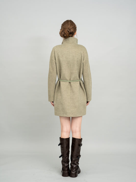 Pale Olive Double-Breasted High Collar Belted Coat