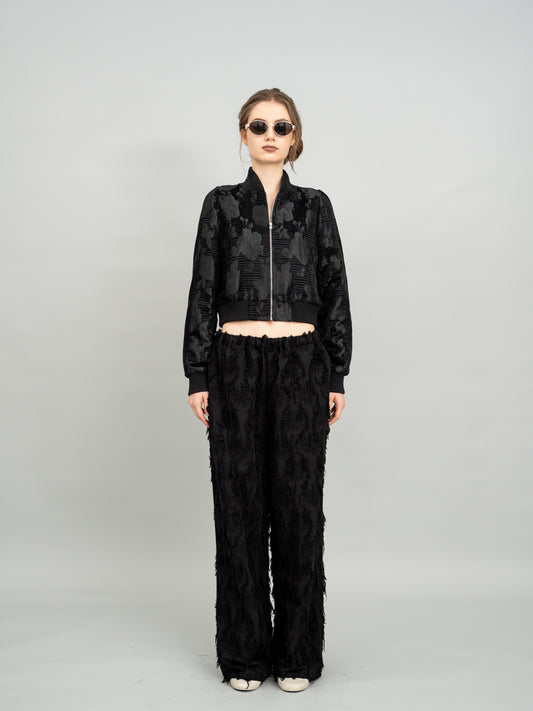 Velvet Embossed Floral Cropped Zip Jacket and Velvet Embossed Floral Wide-Leg Pants