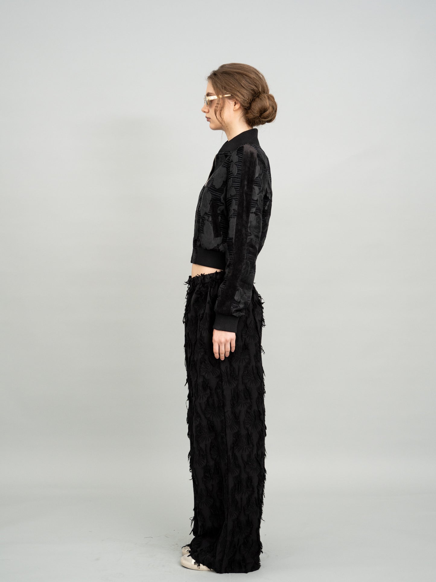 Velvet Embossed Floral Cropped Zip Jacket and Velvet Embossed Floral Wide-Leg Pants