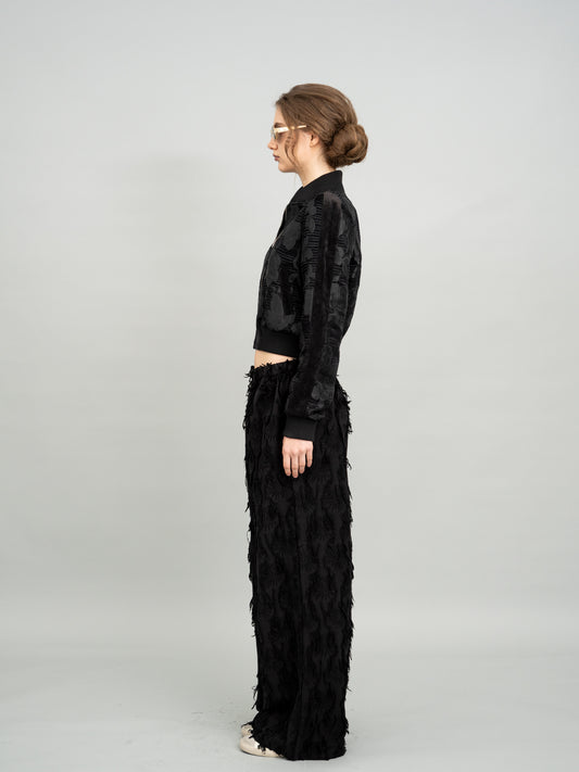 Velvet Embossed Floral Cropped Zip Jacket and Velvet Embossed Floral Wide-Leg Pants
