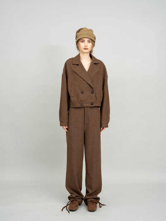 Caramel Checked Cropped Blazer and Caramel Checked Wide-leg Trousers