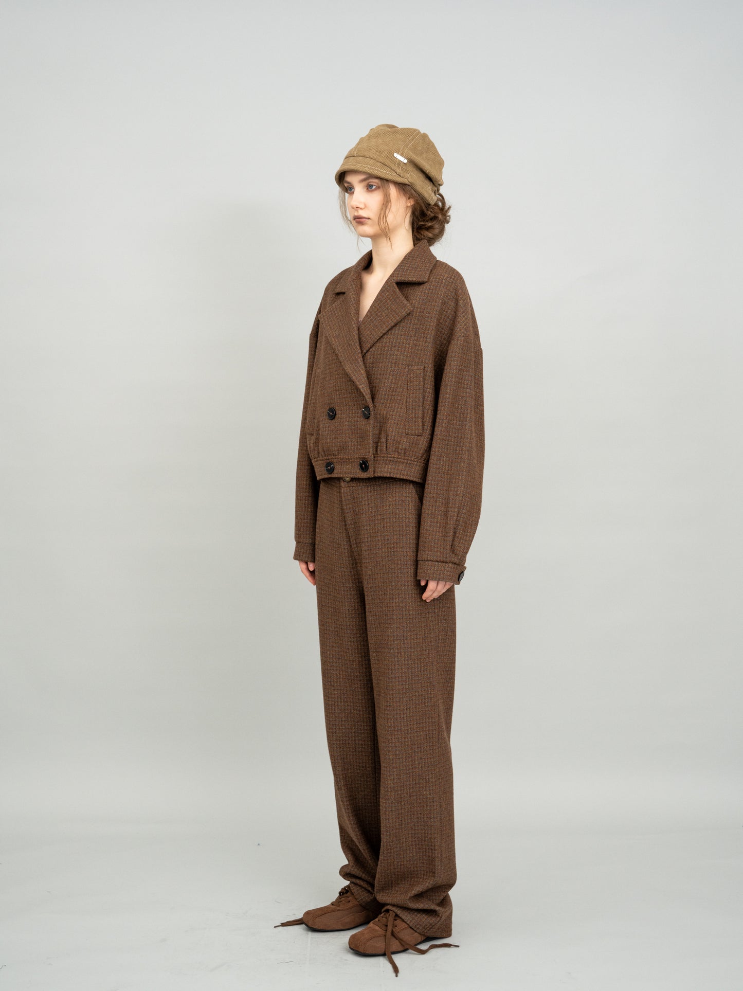 Caramel Checked Cropped Blazer and Caramel Checked Wide-leg Trousers