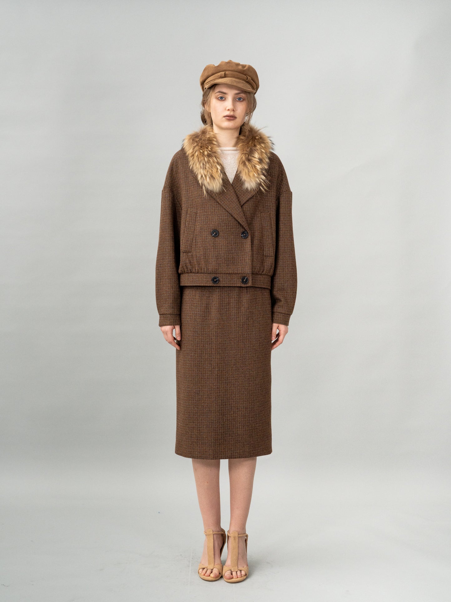 Caramel Checked Cropped Blazer and Caramel Checked Knit Midi Skirt