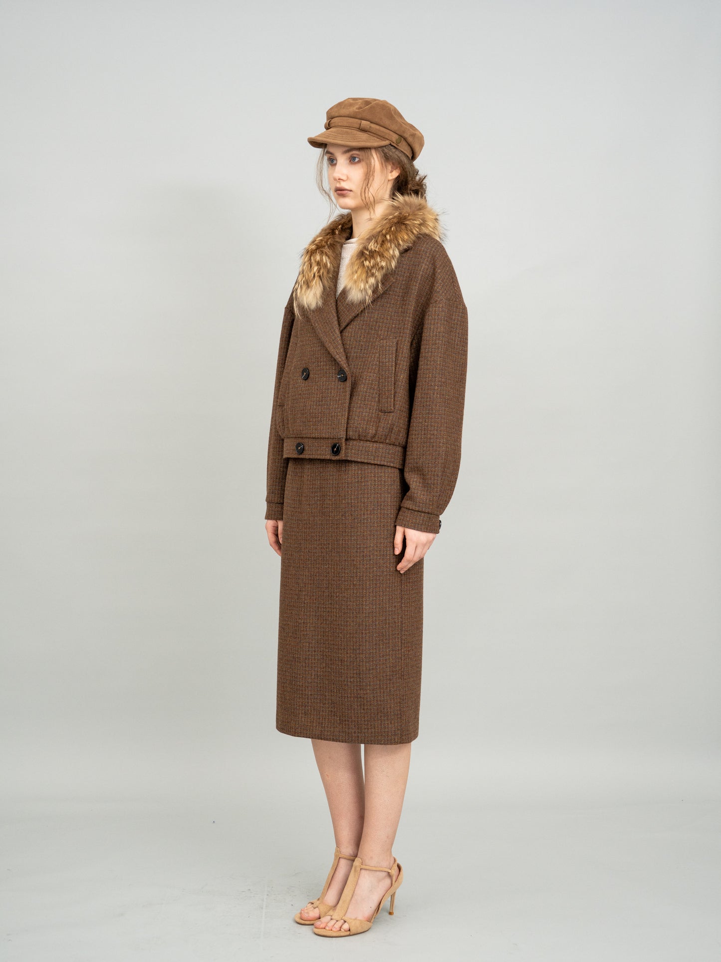 Caramel Checked Cropped Blazer and Caramel Checked Knit Midi Skirt