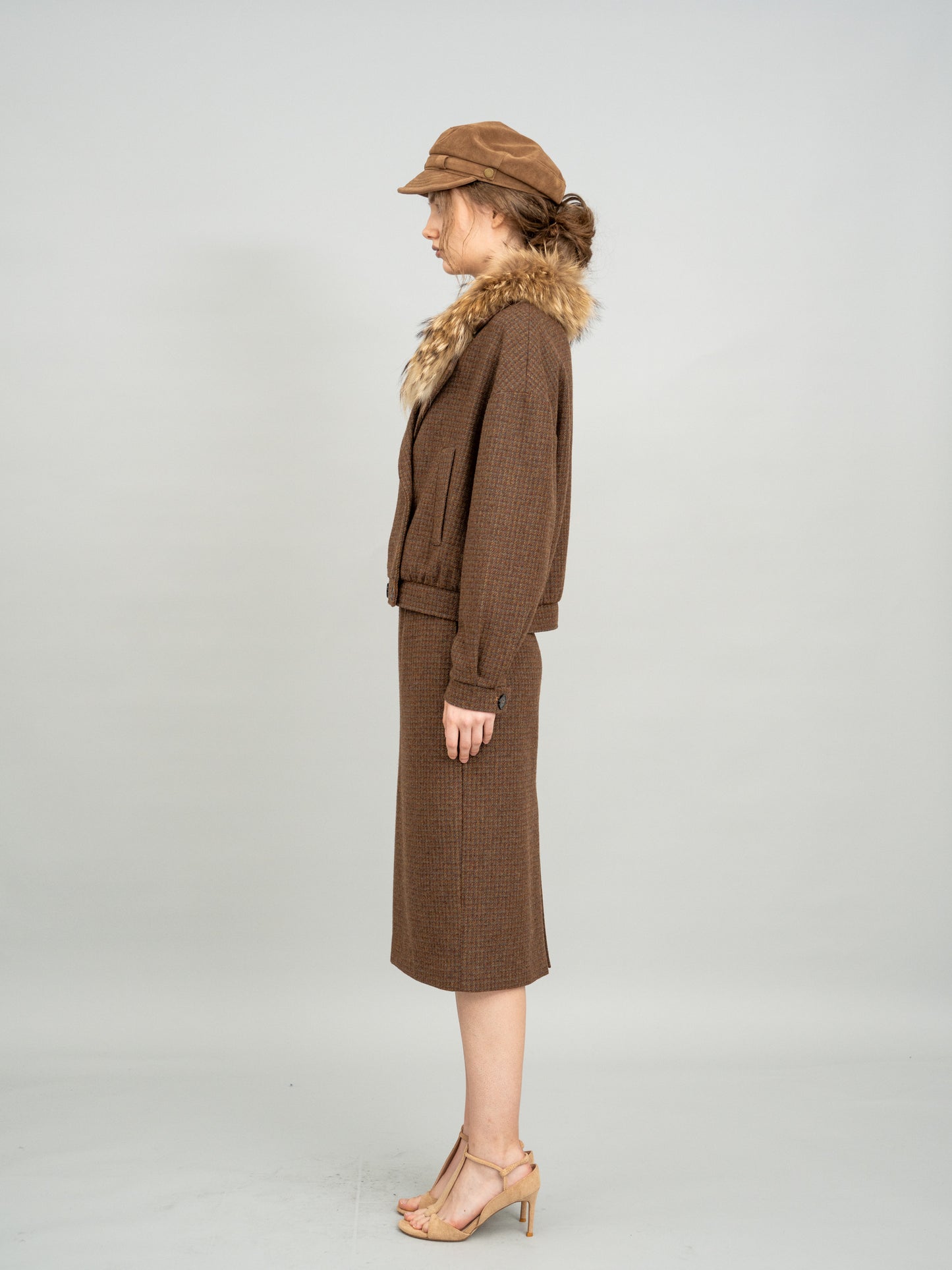 Caramel Checked Cropped Blazer and Caramel Checked Knit Midi Skirt
