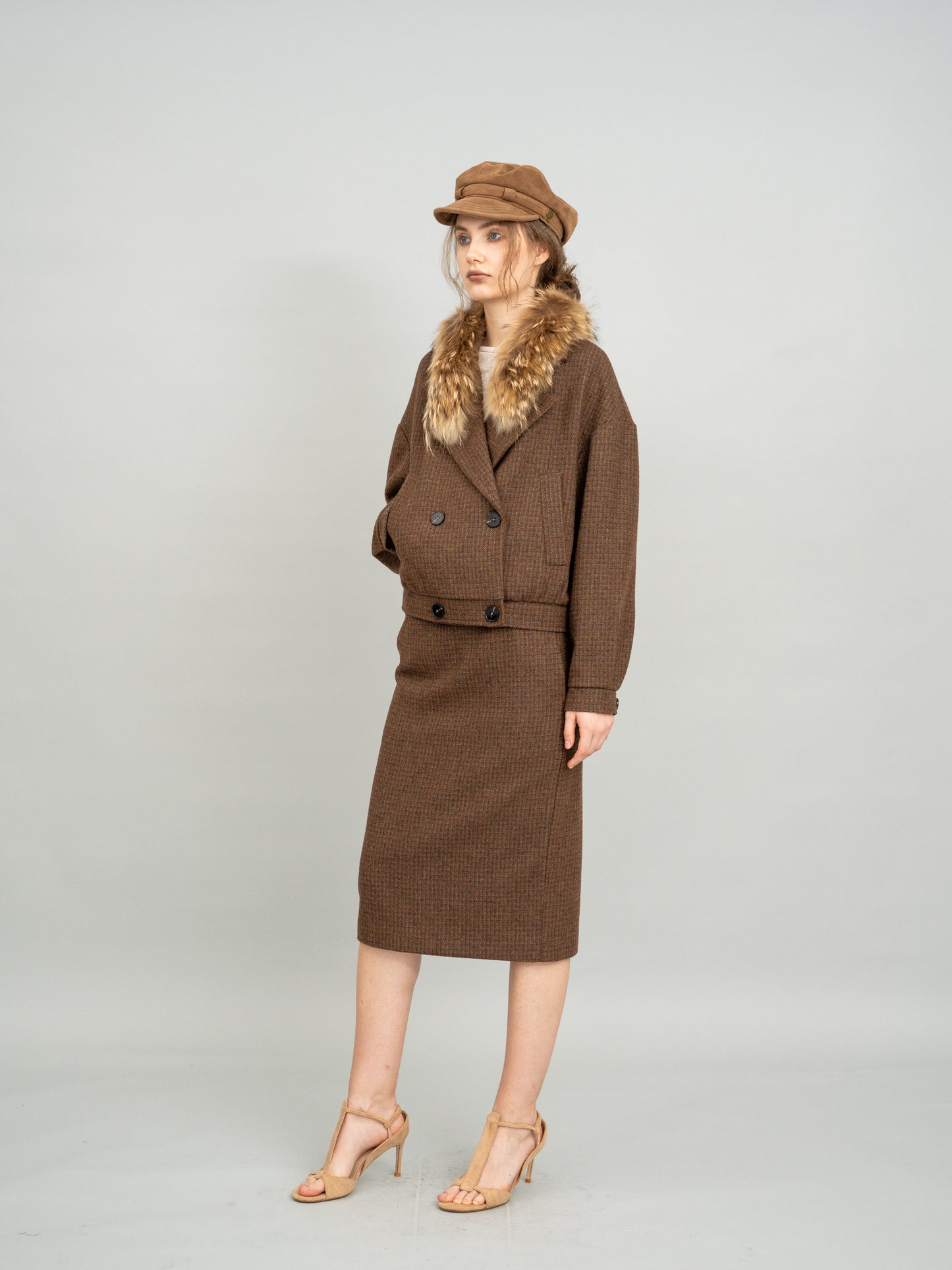 Caramel Checked Cropped Blazer and Caramel Checked Knit Midi Skirt