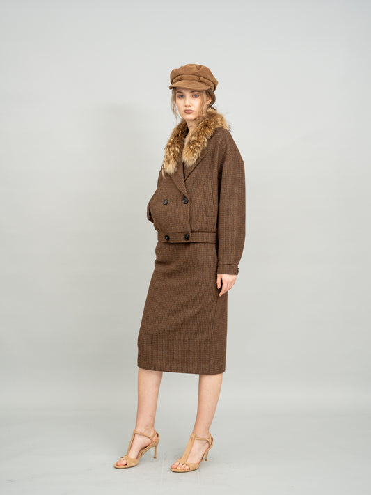Caramel Checked Cropped Blazer and Caramel Checked Knit Midi Skirt