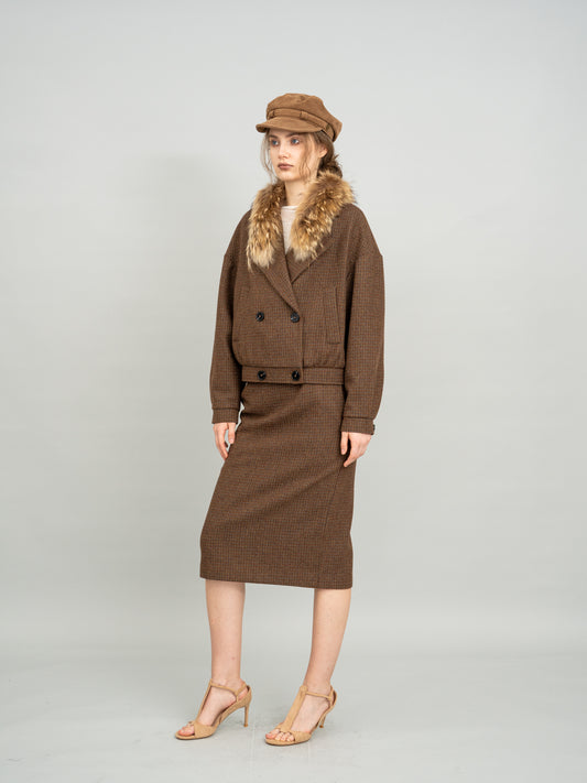Caramel Checked Cropped Blazer and Caramel Checked Knit Midi Skirt