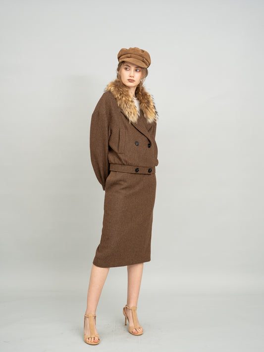 Caramel Checked Cropped Blazer and Caramel Checked Knit Midi Skirt