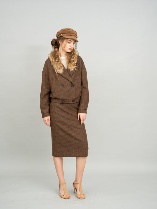 Caramel Checked Cropped Blazer and Caramel Checked Knit Midi Skirt