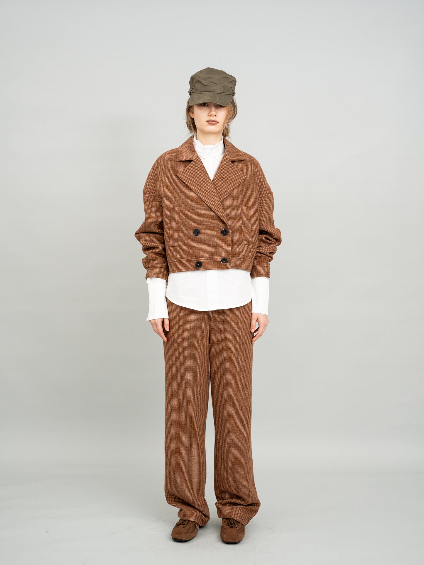 Retro Caramel Cropped Blazer and Caramel Checked Knit Midi Dress