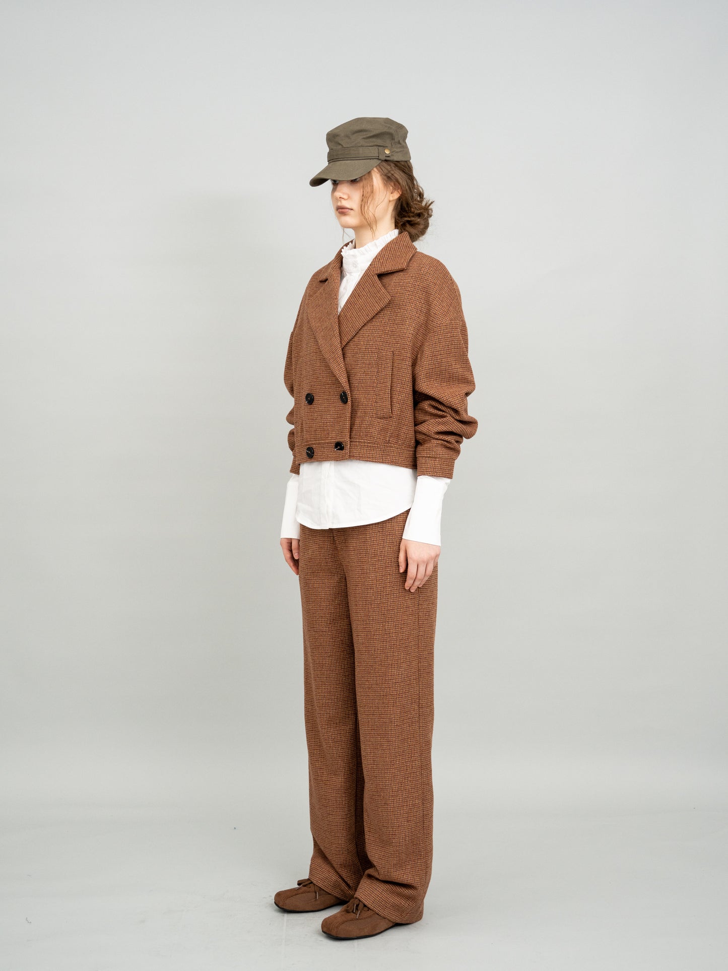 Caramel Checked Cropped Blazer and Caramel Checked Wide-leg Trousers