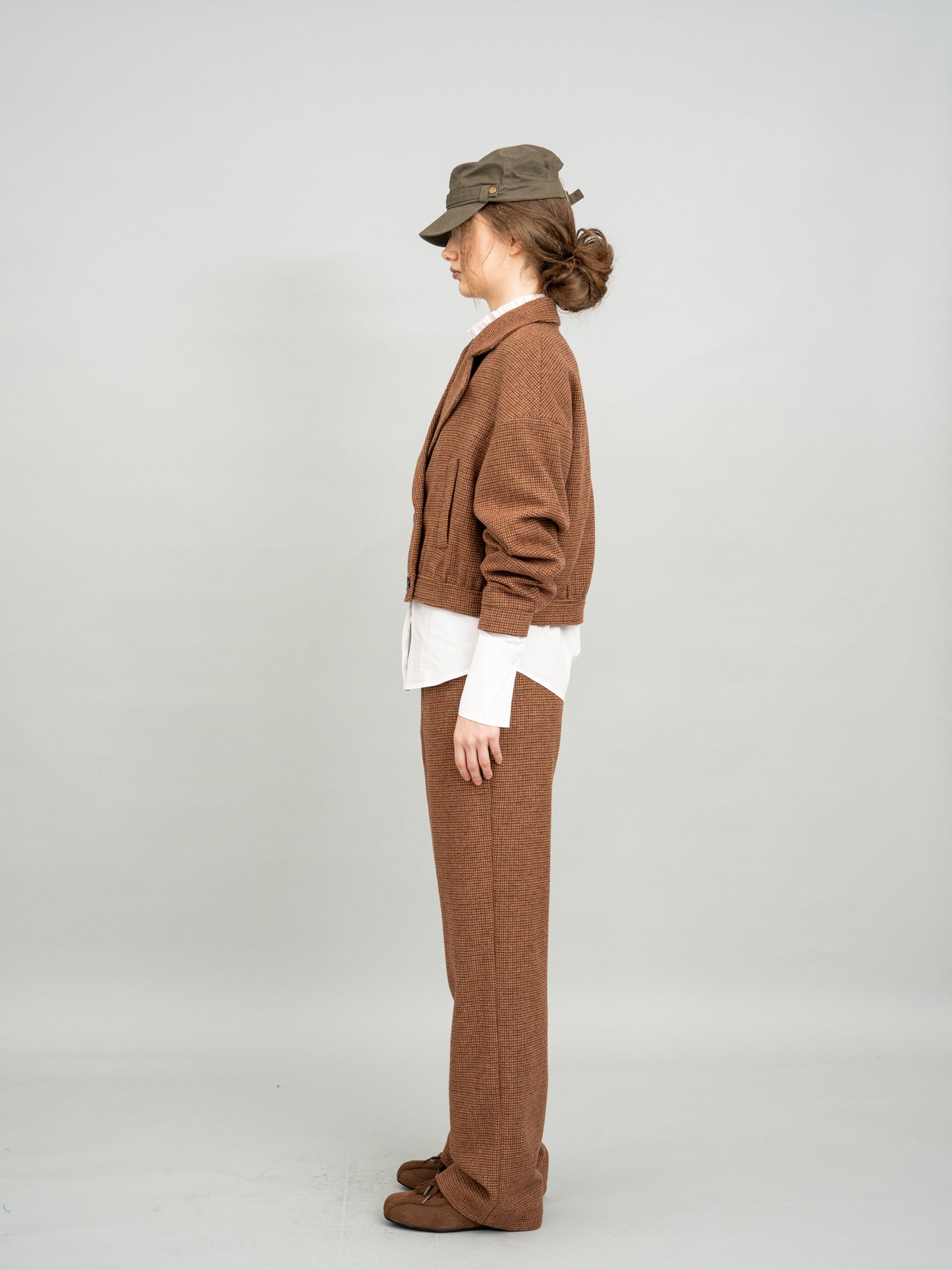 Retro Caramel Cropped Blazer and Caramel Checked Knit Midi Dress