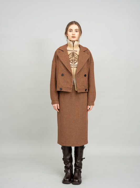 Retro Caramel Cropped Blazer and Caramel Checked Knit Midi Dress