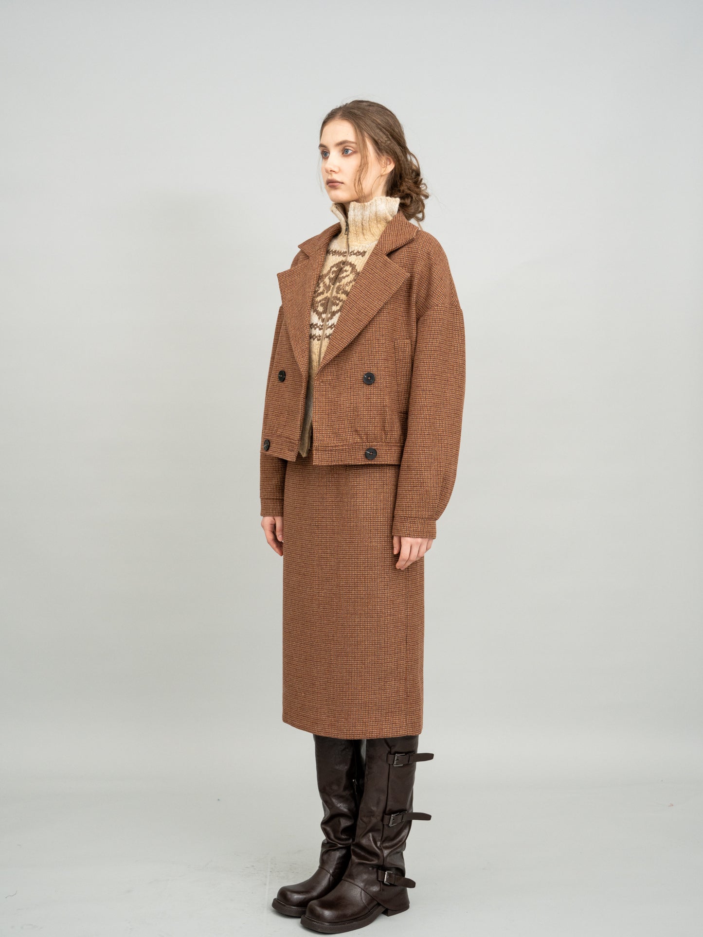 Retro Caramel Cropped Blazer and Caramel Checked Knit Midi Dress