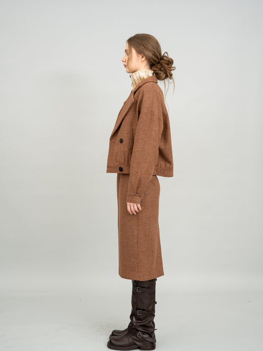 Retro Caramel Cropped Blazer and Caramel Checked Knit Midi Dress