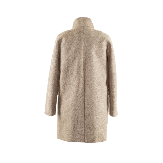 This is a brown coat made of wool. It is light brown. It is rather long, like a trench coat. It is lightweight and comfortable to wear in Autumn and Winter.