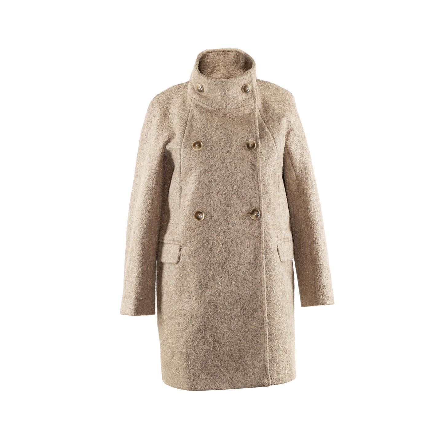 This is a brown coat made of wool. It is light brown. It is rather long, like a trench coat. It is lightweight and comfortable to wear in Autumn and Winter.