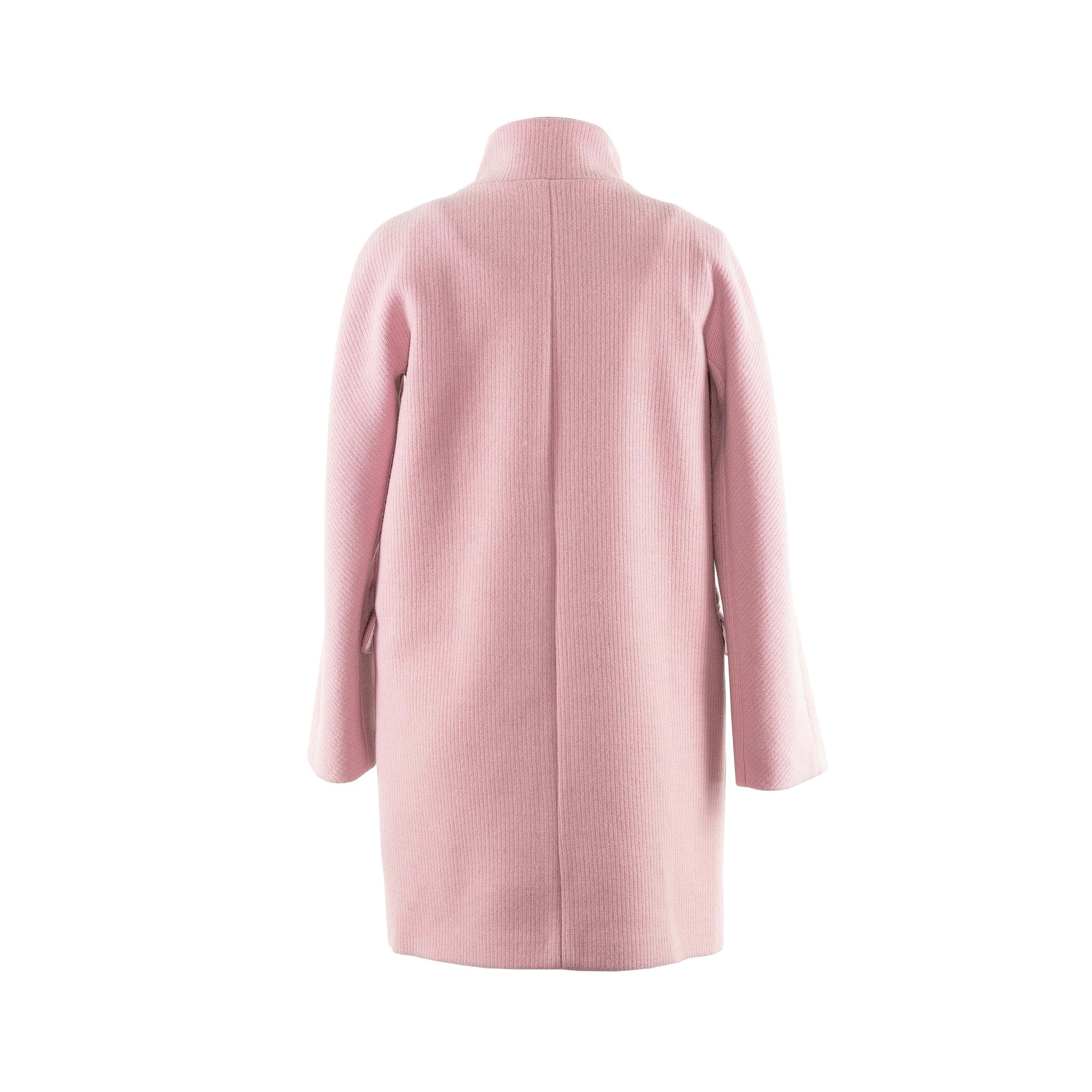 Shown is the DOUBLE-BREASTED FUNNEL NECK COAT (PINK RIB). Our favourite knit outerwear.  The funnel neck coat keep you wrapped up like you are in a scarf, good to cozy up in during chilly days.   The raglan-sleeve creates a wider underarm area, perfect for layering or wearing chunky sweaters.  Ribbed knit adds volume and thickness offers comfort and warmth.  A beautiful sakura pink.