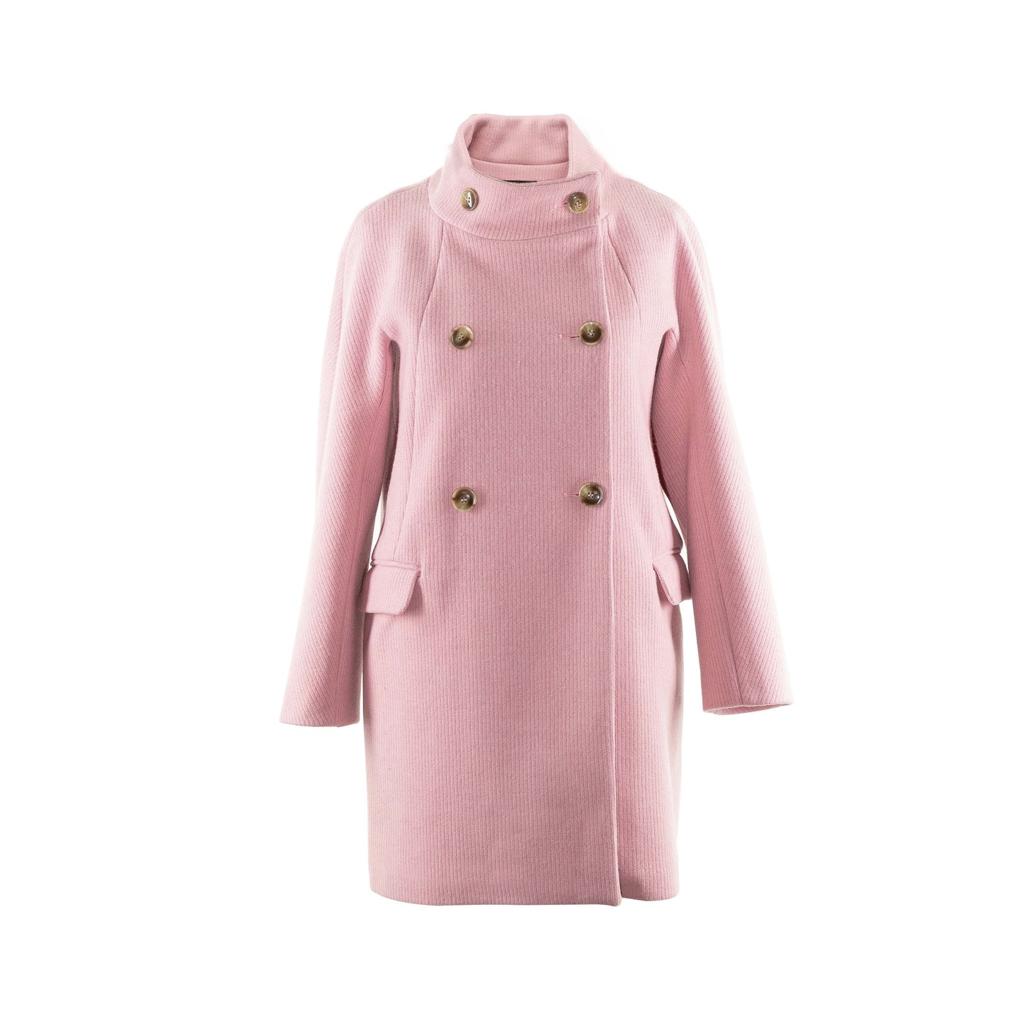 Shown is the DOUBLE-BREASTED FUNNEL NECK COAT (PINK RIB). Our favourite knit outerwear.  The funnel neck coat keep you wrapped up like you are in a scarf, good to cozy up in during chilly days.   The raglan-sleeve creates a wider underarm area, perfect for layering or wearing chunky sweaters.  Ribbed knit adds volume and thickness offers comfort and warmth.  A beautiful sakura pink.