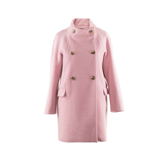 Shown is the DOUBLE-BREASTED FUNNEL NECK COAT (PINK RIB). Our favourite knit outerwear.  The funnel neck coat keep you wrapped up like you are in a scarf, good to cozy up in during chilly days.   The raglan-sleeve creates a wider underarm area, perfect for layering or wearing chunky sweaters.  Ribbed knit adds volume and thickness offers comfort and warmth.  A beautiful sakura pink.