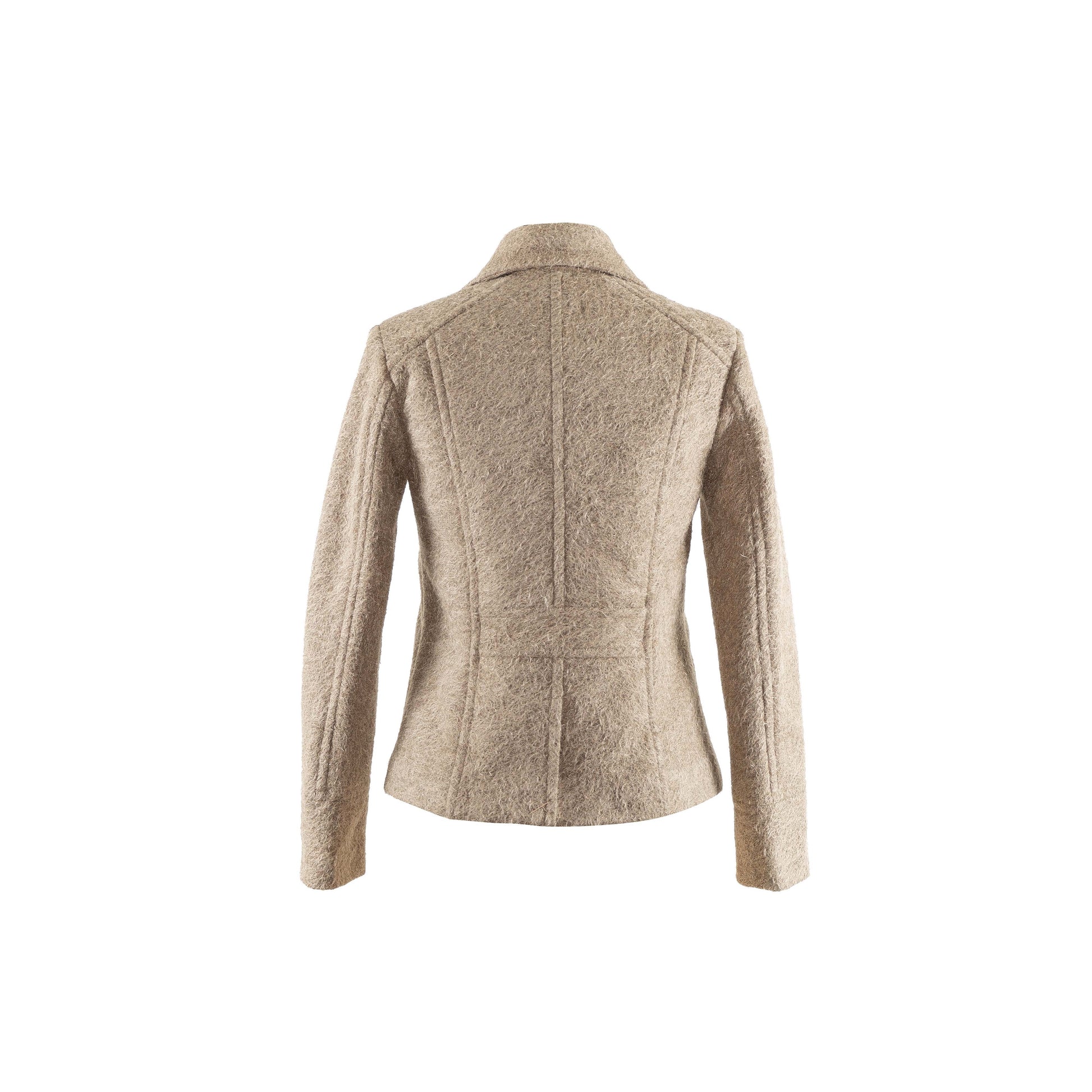 Our model was lying on the ground, while wearing the DOUBLE-BREASTED JACKET and holding the handbag MOSS under her right arm. The double-breasted jacket is designed to fit, featuring our rare find fabric in khaki.   The fabric is mid-to-heavy weighted, keeping you warm and cozy.  This perfect fit jacket sits right above the hip bone.  Best to keep a simple styling, style it with all black or tonal shades.
