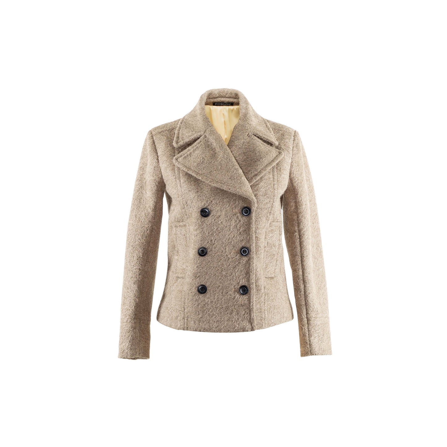Our model was lying on the ground, while wearing the DOUBLE-BREASTED JACKET and holding the handbag MOSS under her right arm. The double-breasted jacket is designed to fit, featuring our rare find fabric in khaki.   The fabric is mid-to-heavy weighted, keeping you warm and cozy.  This perfect fit jacket sits right above the hip bone.  Best to keep a simple styling, style it with all black or tonal shades.