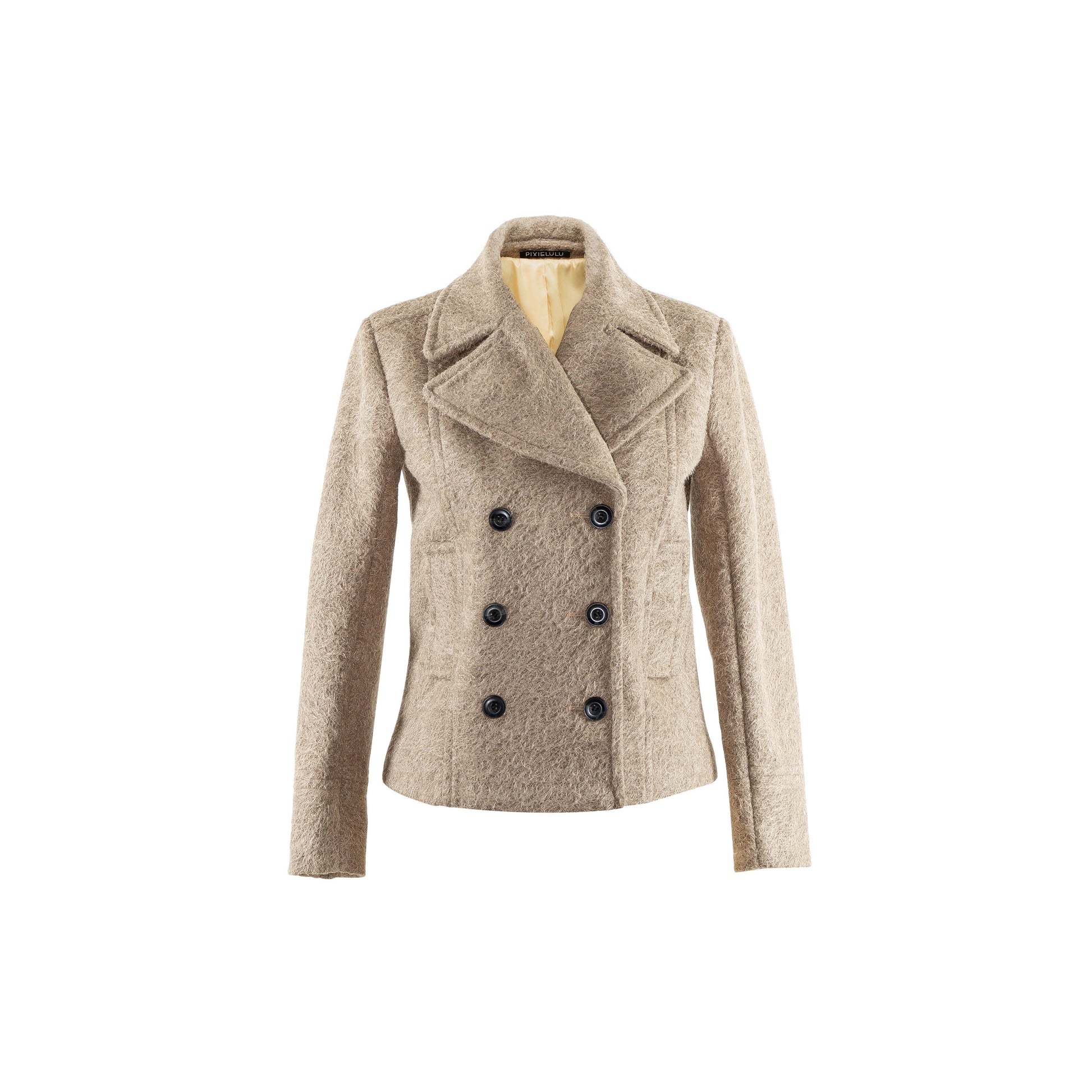 Our model was lying on the ground, while wearing the DOUBLE-BREASTED JACKET and holding the handbag MOSS under her right arm. The double-breasted jacket is designed to fit, featuring our rare find fabric in khaki.   The fabric is mid-to-heavy weighted, keeping you warm and cozy.  This perfect fit jacket sits right above the hip bone.  Best to keep a simple styling, style it with all black or tonal shades.