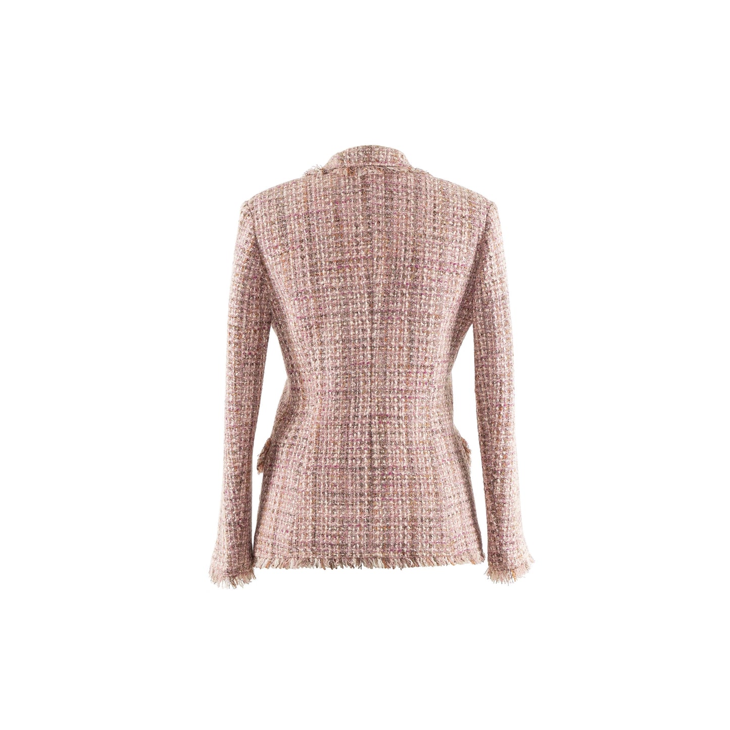 Beautifully frayed tweed making it more playful to a normal blazer.  Designed with a slightly slim fit with notched lapel, slightly flare at hem.   Tailored from a wool-blend single-breasted silhouette, with pretty pink blush hues.