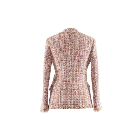 Beautifully frayed tweed making it more playful to a normal blazer.  Designed with a slightly slim fit with notched lapel, slightly flare at hem.   Tailored from a wool-blend single-breasted silhouette, with pretty pink blush hues.