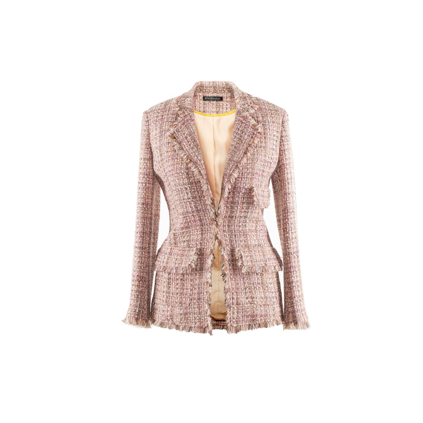 Beautifully frayed tweed making it more playful to a normal blazer.  Designed with a slightly slim fit with notched lapel, slightly flare at hem.   Tailored from a wool-blend single-breasted silhouette, with pretty pink blush hues.
