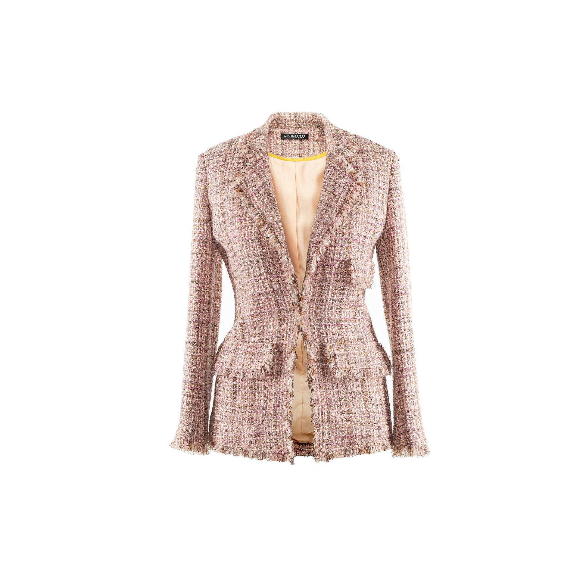 Beautifully frayed tweed making it more playful to a normal blazer.  Designed with a slightly slim fit with notched lapel, slightly flare at hem.   Tailored from a wool-blend single-breasted silhouette, with pretty pink blush hues.